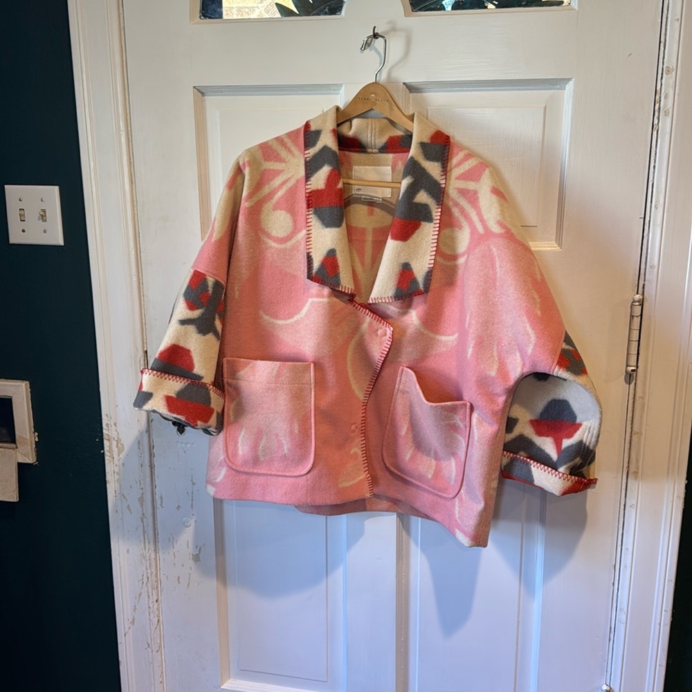 Anthropologie wool blend jacket in fun pink print will keep you stylishly cozy